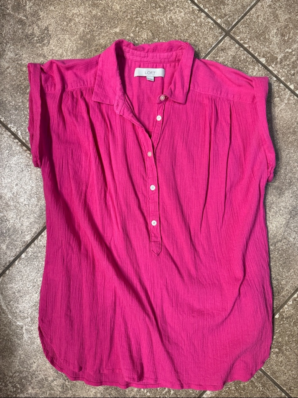 LOFT Fuchsia Short-Sleeve Button Henley Blouse